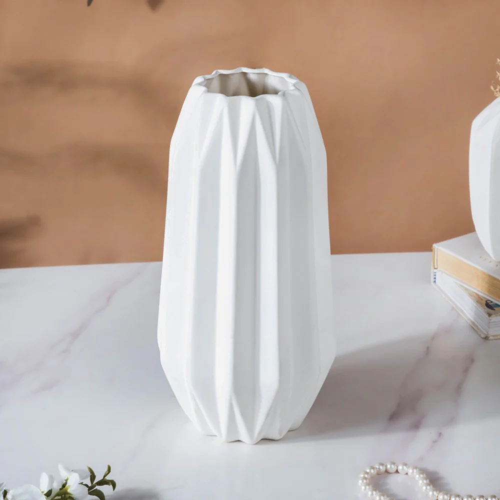 Geometric Textured Ceramic Vase White Large - Image 6
