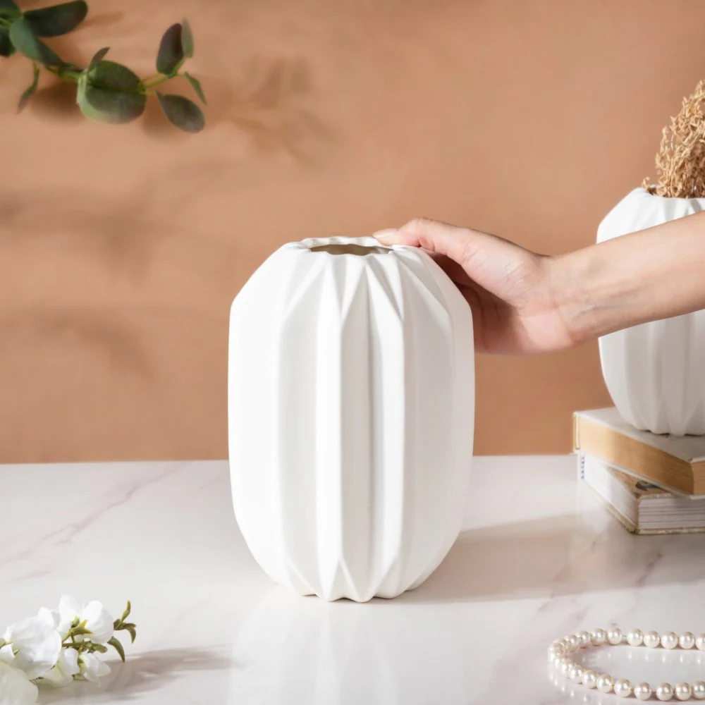 Geometric Textured Ceramic Vase White Medium - Image 3