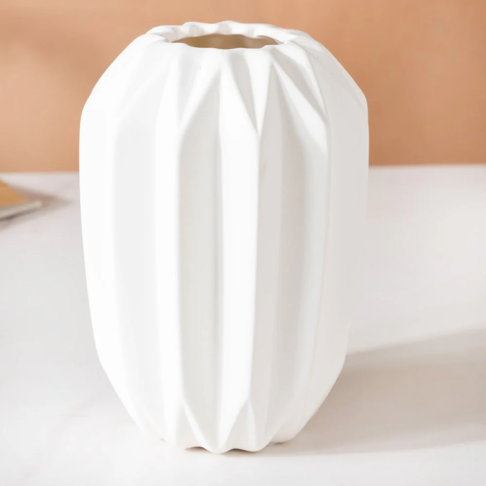 Geometric Textured Ceramic Vase White Small - Image 4