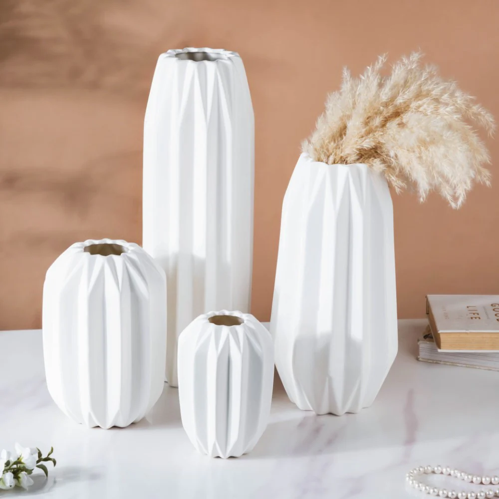 Geometric Textured Ceramic Vase White Small - Image 8