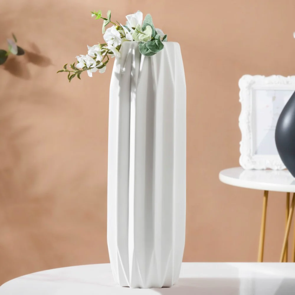 Geometric Textured Ceramic Vase White Tall - Image 3