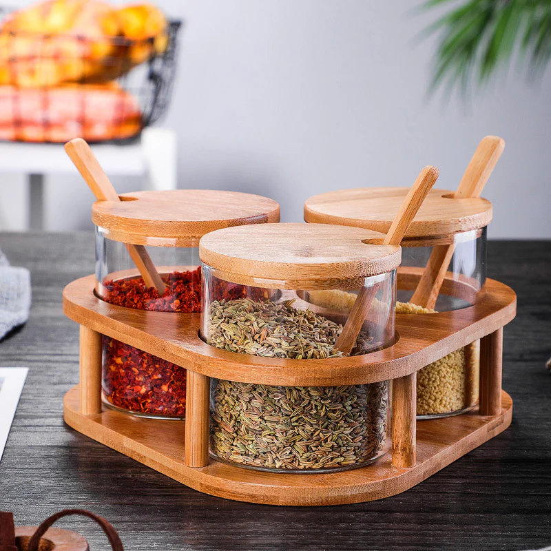 Glass and Wood Storage Jar Set of 3
