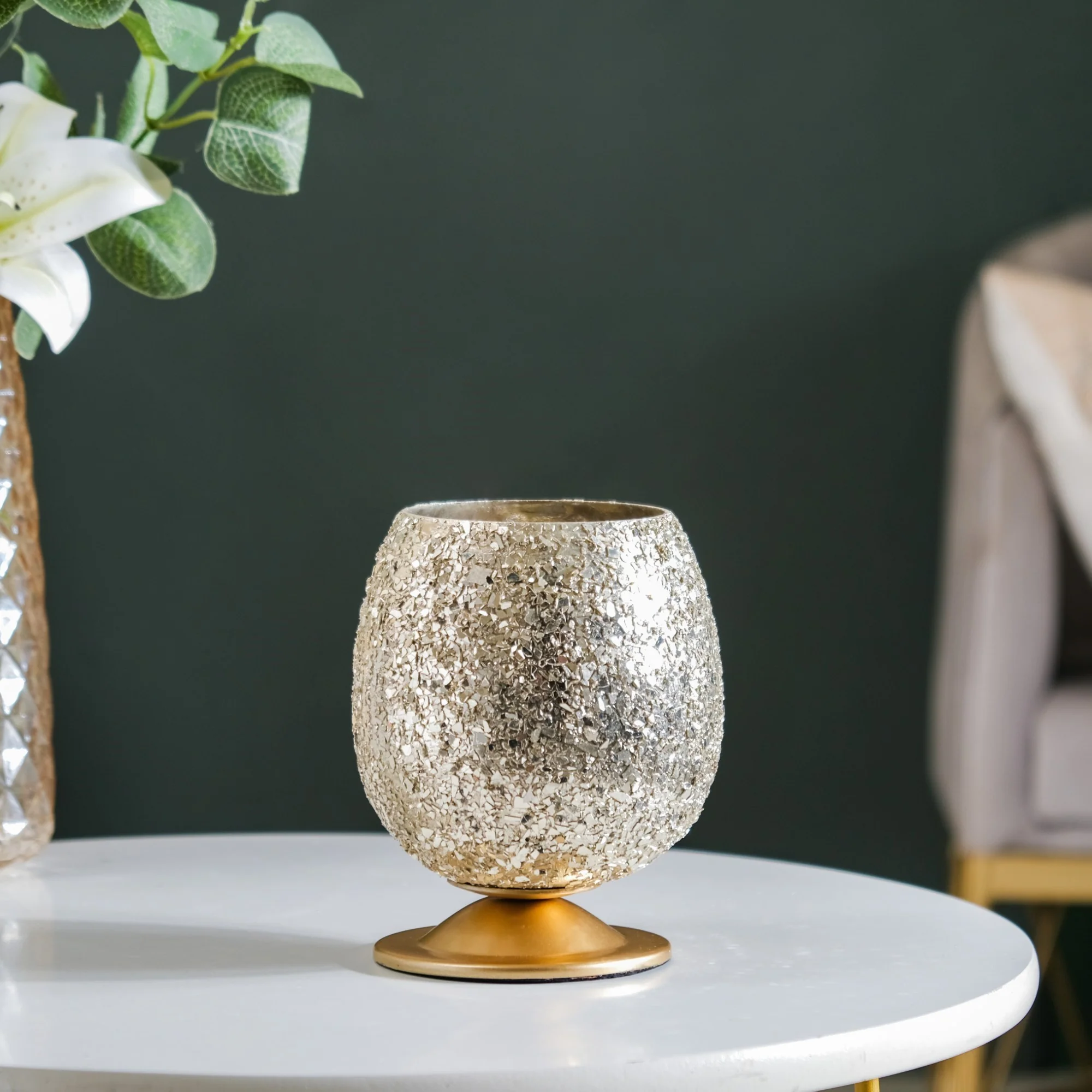 Glass Candle Votive With Stand Champagne Silver