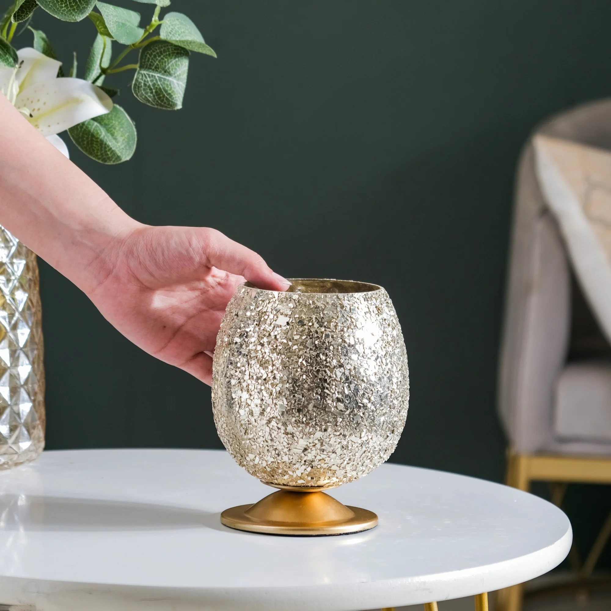 Glass Candle Votive With Stand Champagne Silver - Image 3