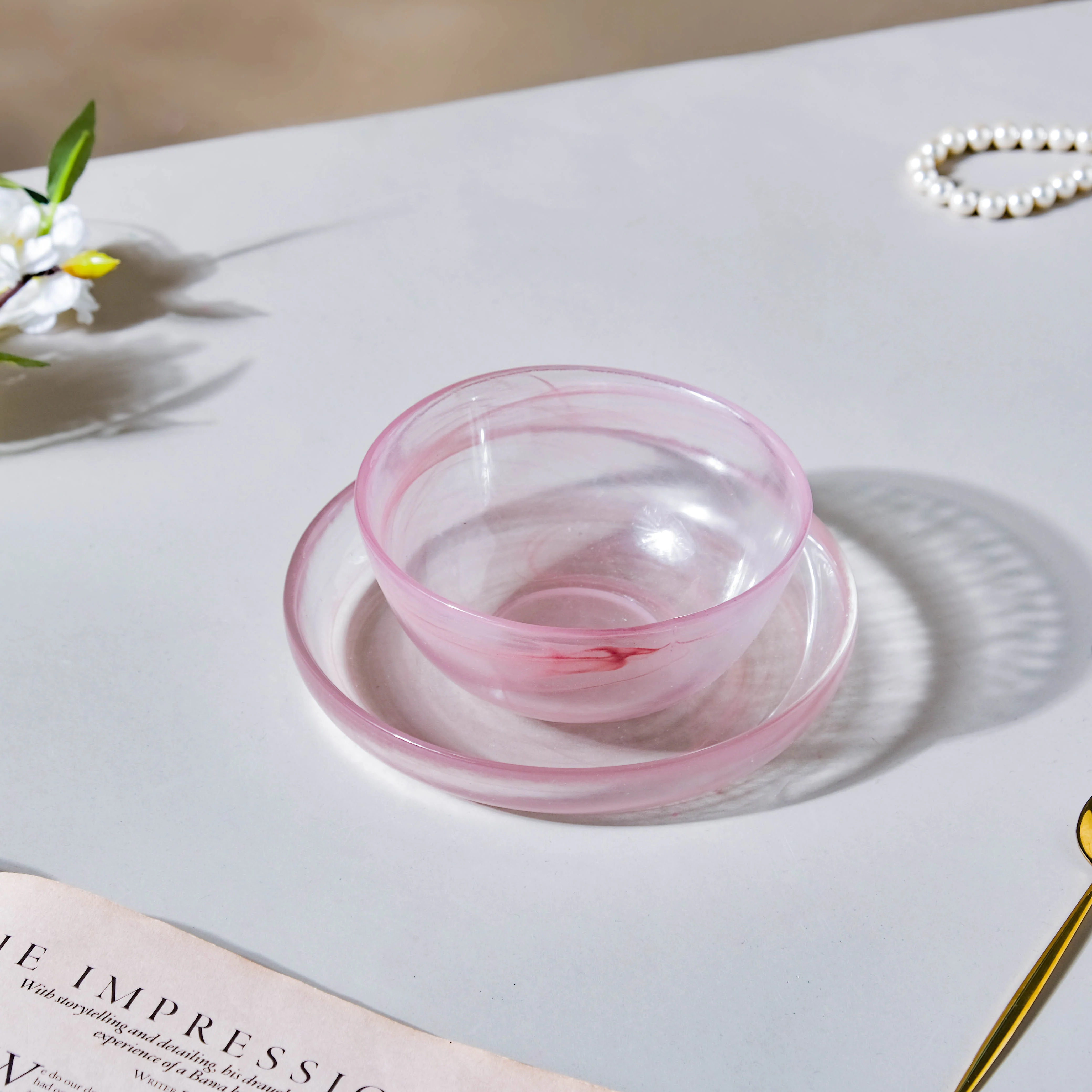 Glass Pink Bowl and Plate Set - Image 17