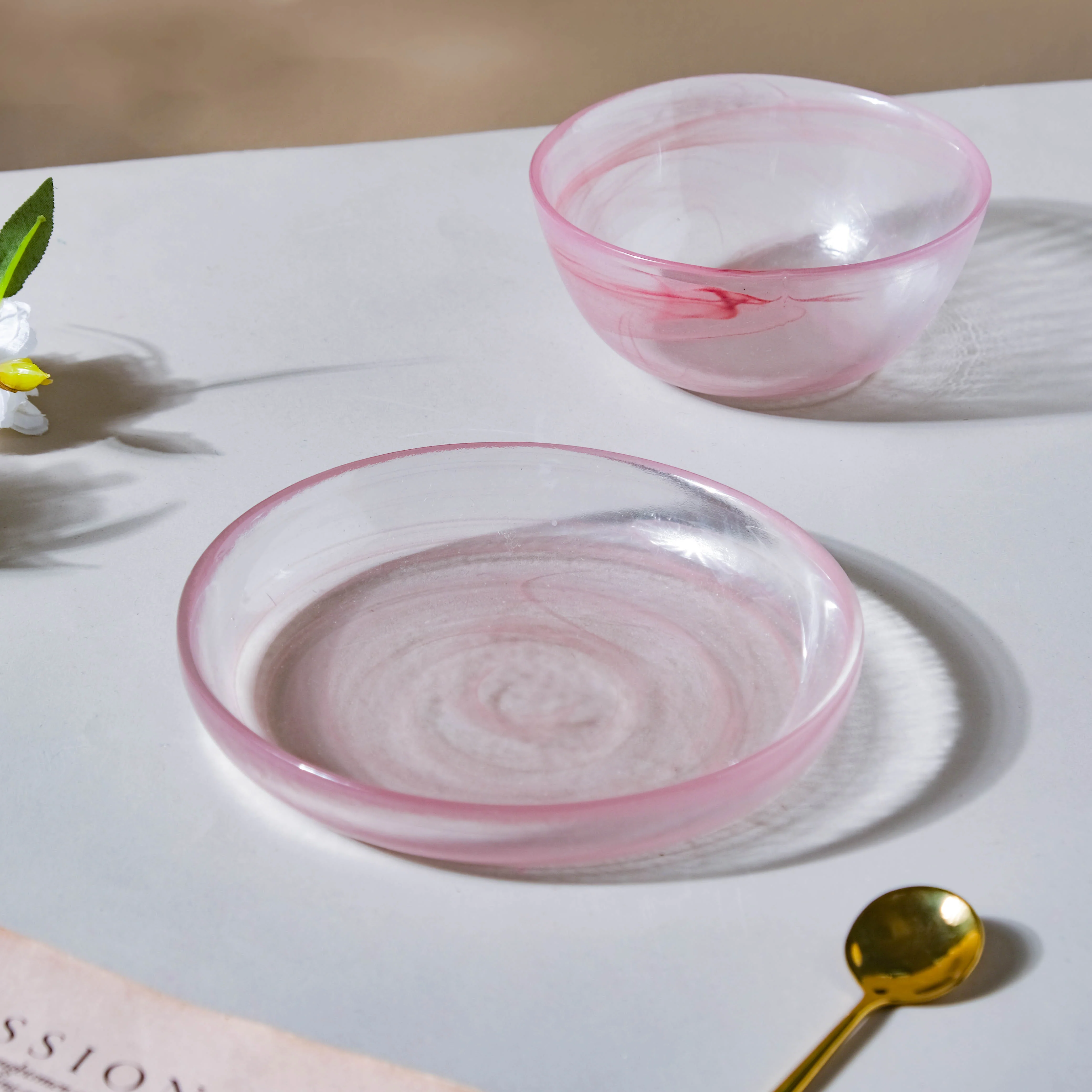 Glass Pink Bowl and Plate Set - Image 2