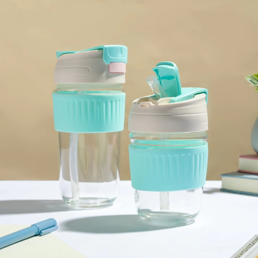 Glass Tumbler With Dual Flip Lid Blue 450ml - Image 11