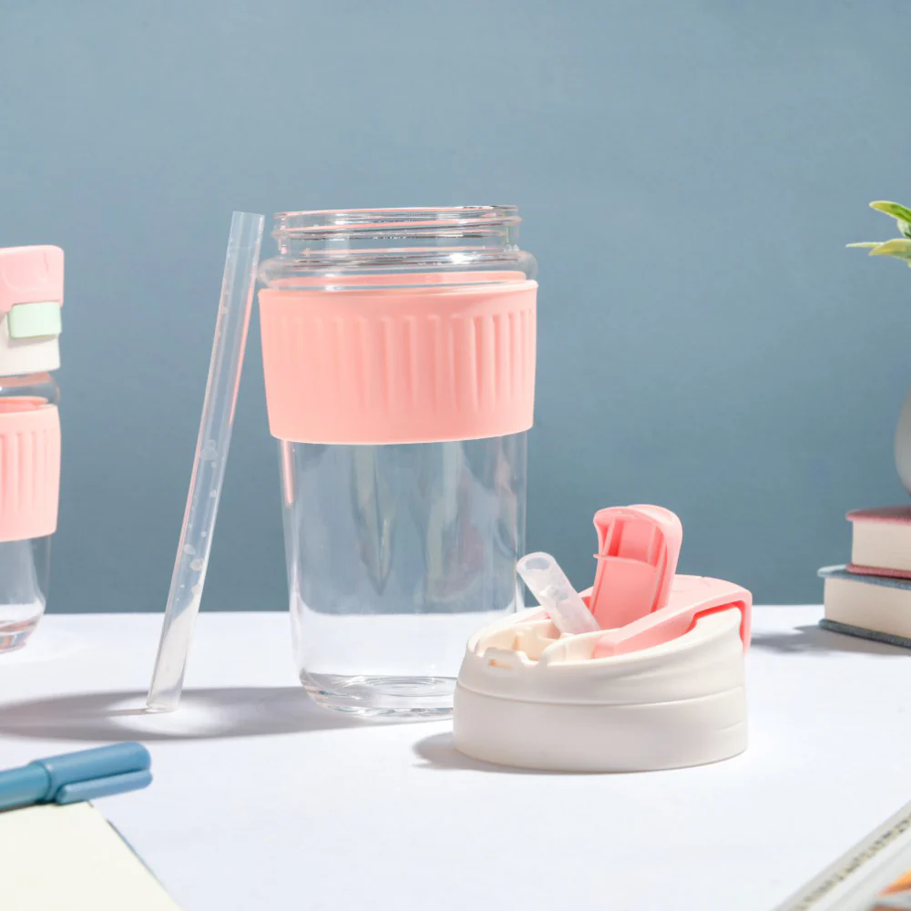 Glass Tumbler With Dual Flip Lid Pink 450ml - Image 3