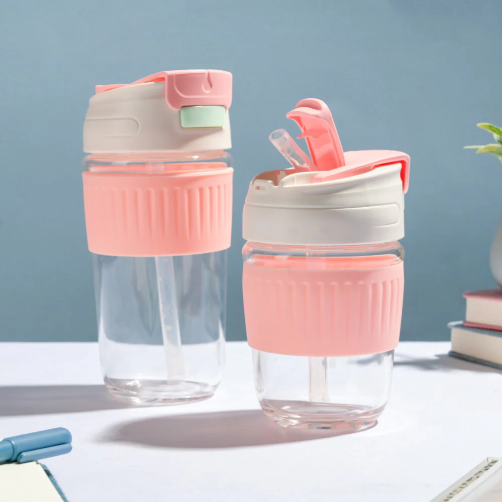 Glass Tumbler With Dual Flip Lid Pink 450ml - Image 9