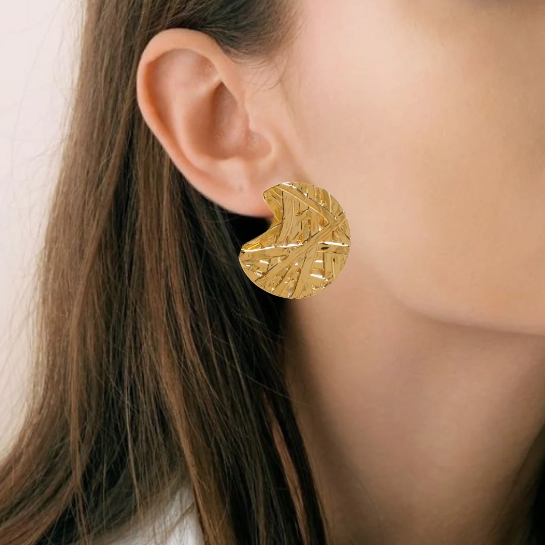 Gold Abstract Textured Round Statement Earrings - Image 2