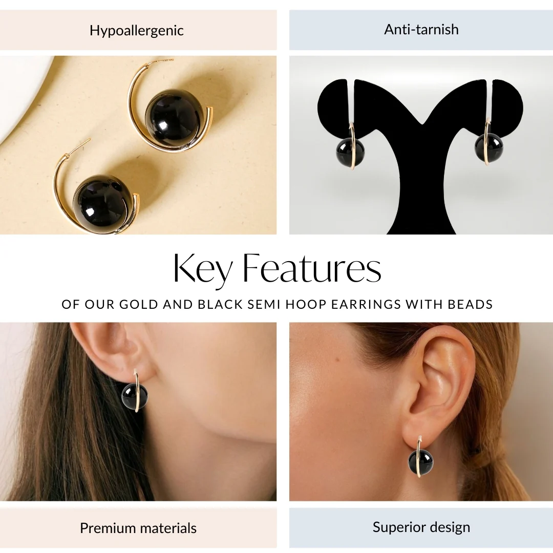 Gold And Black Semi Hoop Earrings With Beads - Image 4