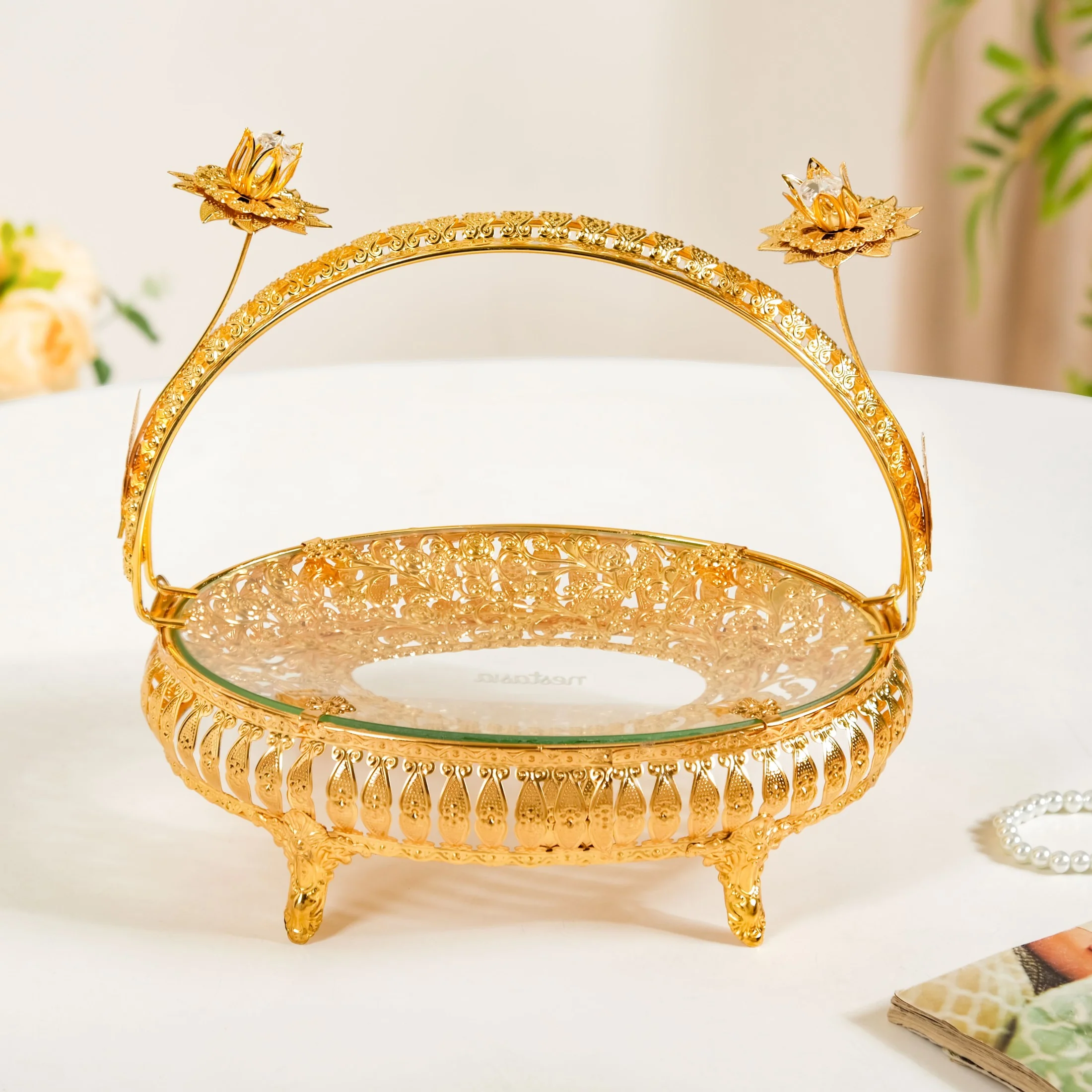 Gold Decorative Tray With Floral Metal Frame - Image 8