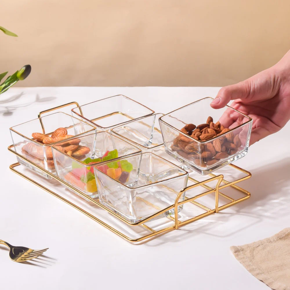 Gold Detailed Glass Bowls And Tray Set Of 7 200ml - Image 5