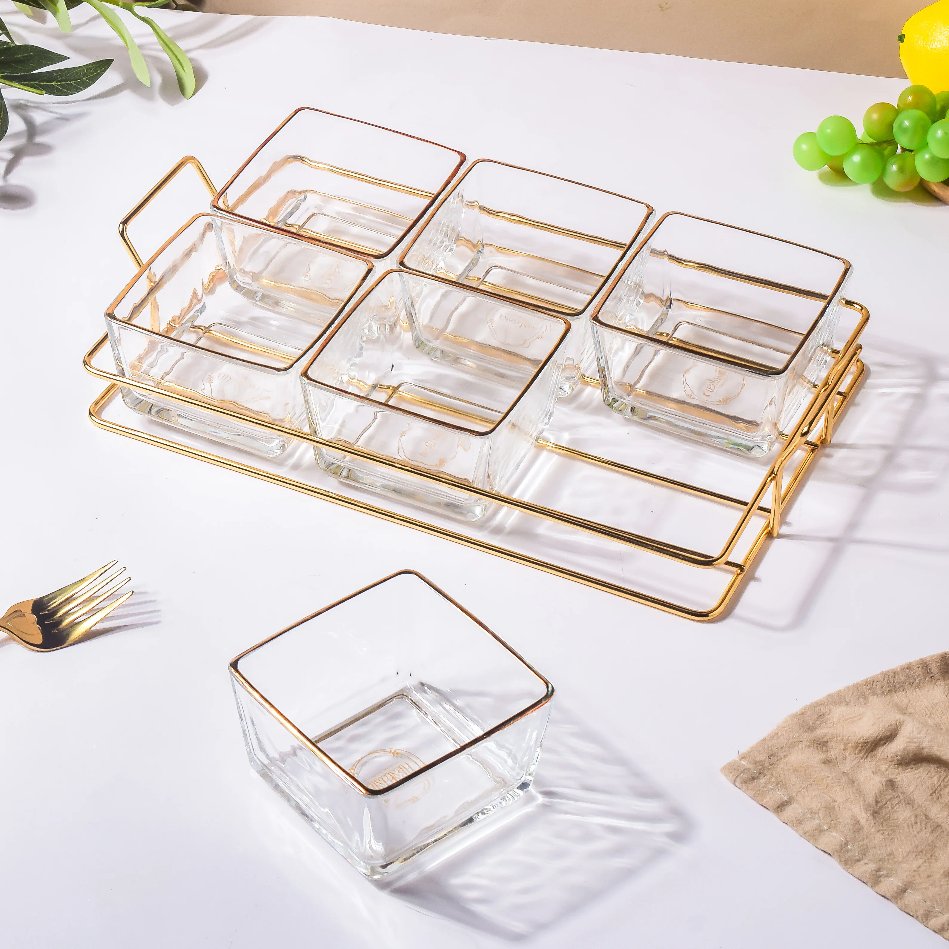 Gold Detailed Glass Bowls And Tray Set Of 7 200ml - Image 6
