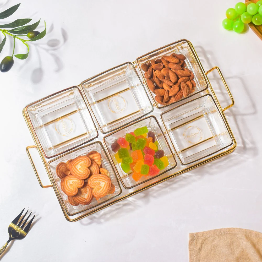 Gold Detailed Glass Bowls And Tray Set Of 7 200ml - Image 7