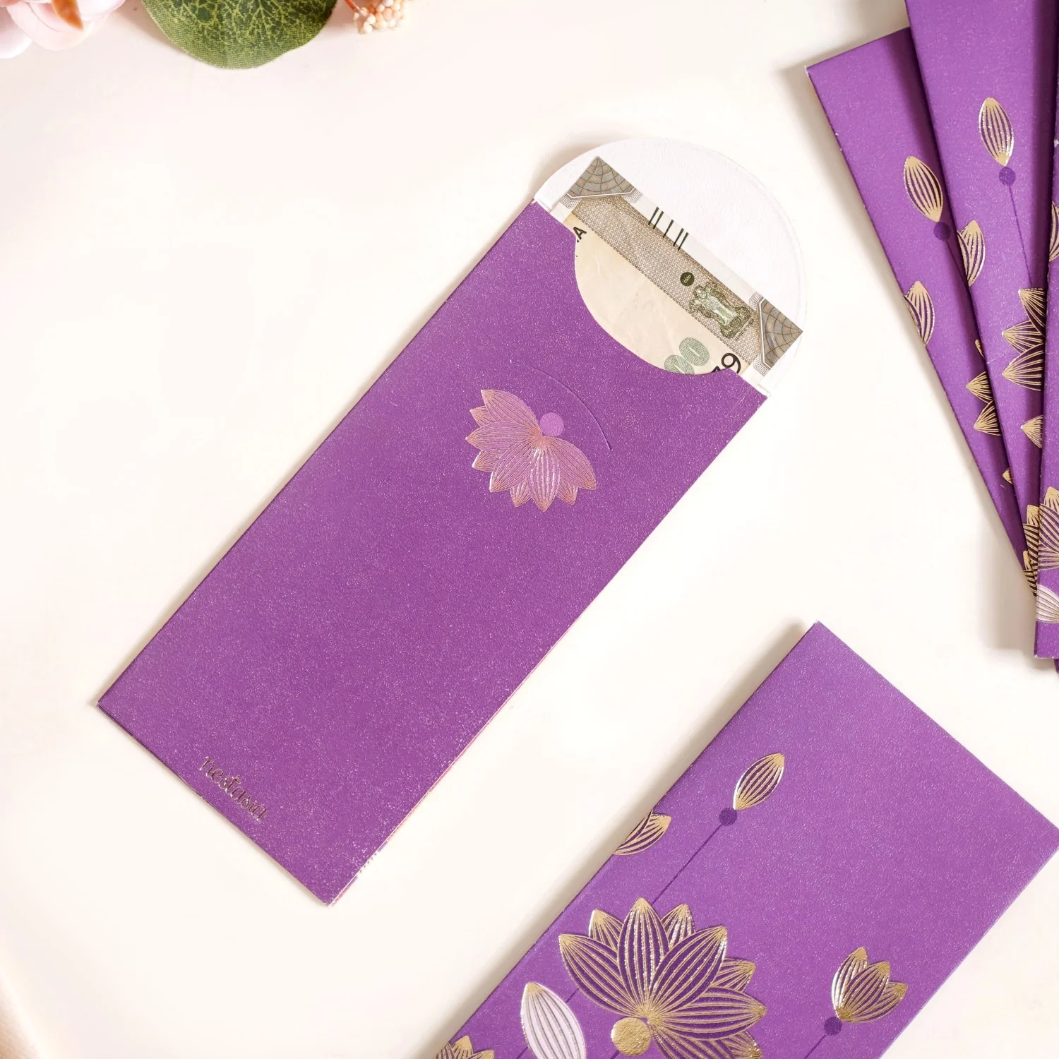 Gold Lotus Shagun Envelope Set Of 12 Purple - Image 2