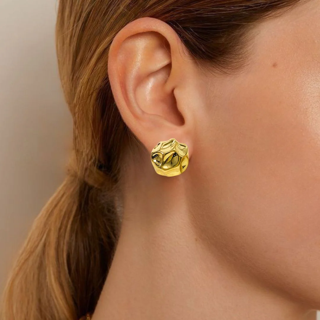 Gold Meteor Dented Stud Earrings - Image 2