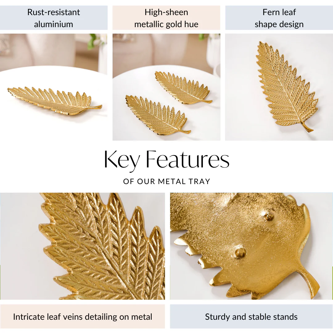 Golden Fern Leaf Metal Tray With Handle Set Of 2 - Image 4