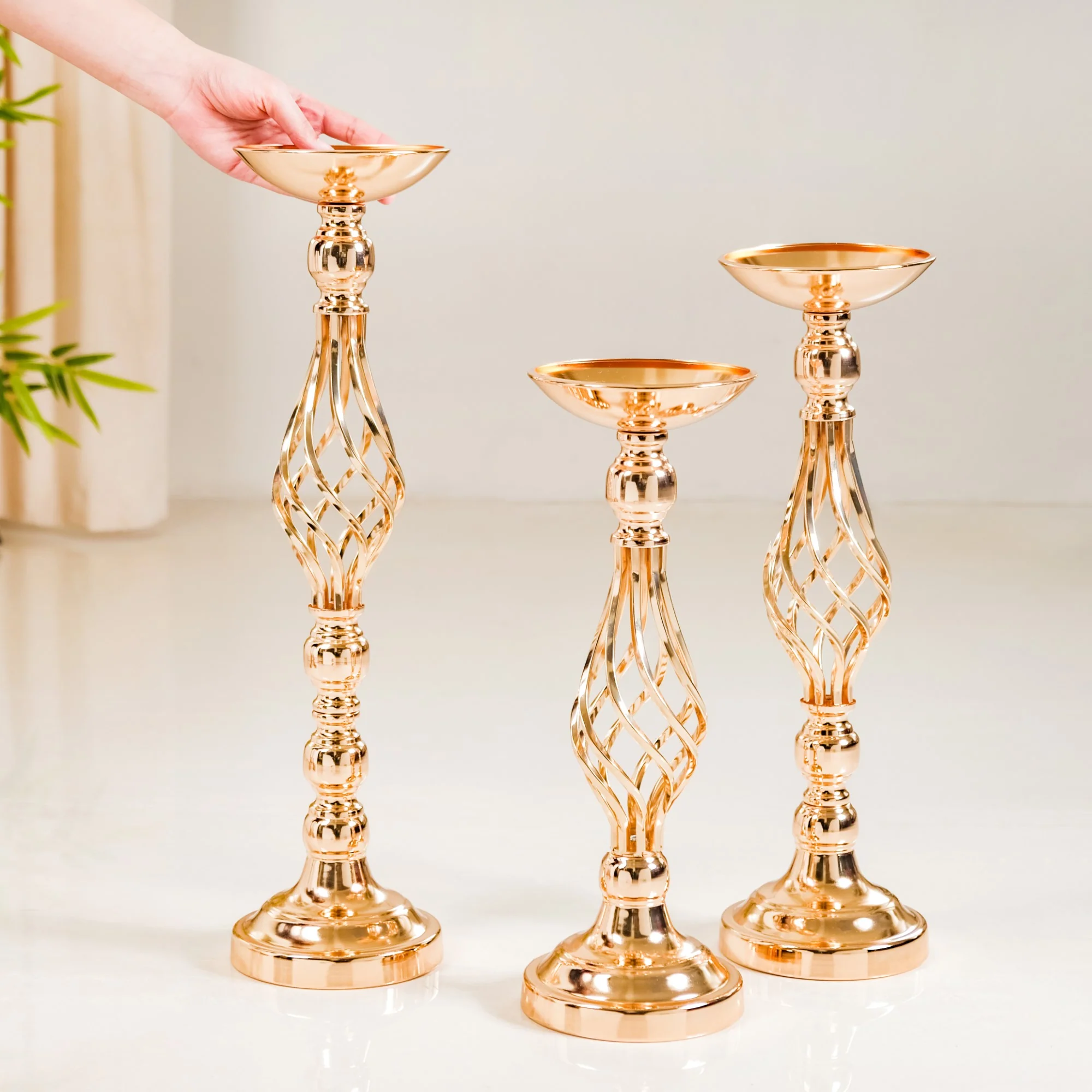 Golden Tall Floor Candle Stand Set Of 3 Large - Image 2