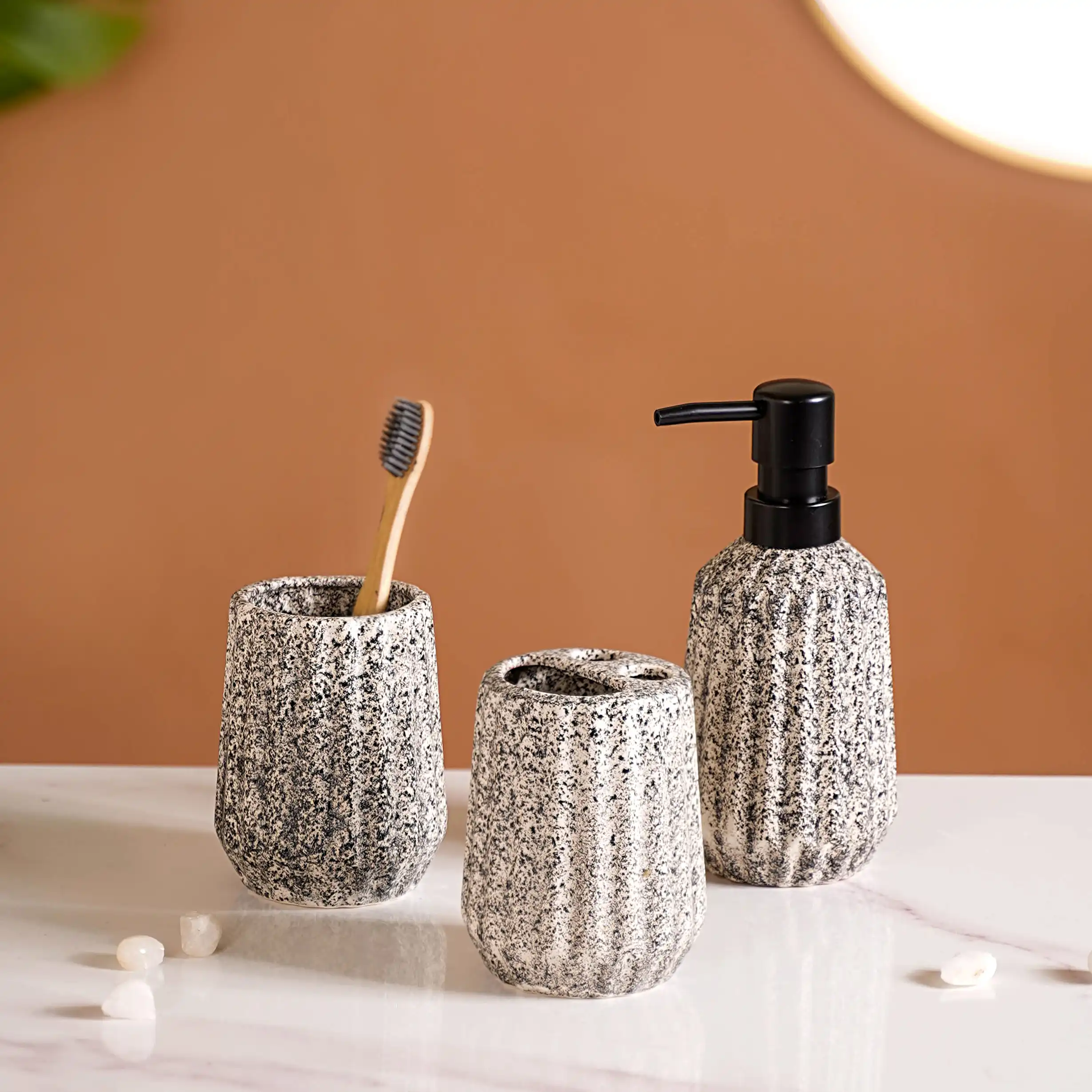 Granite Finish Ceramic Bathroom Set Of 3 Grey Matte Black - Image 3