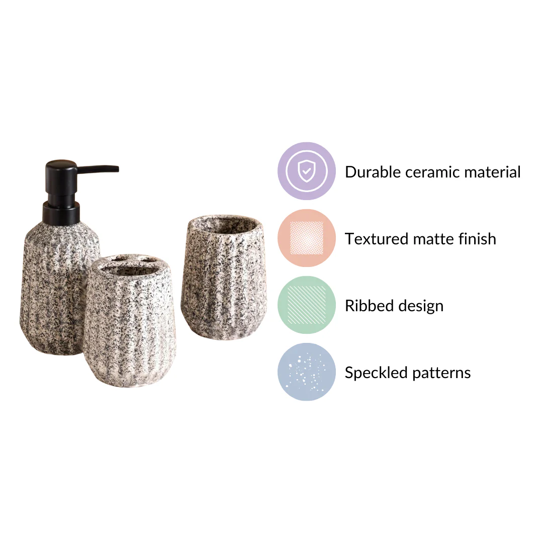 Granite Finish Ceramic Bathroom Set Of 3 Grey Matte Black - Image 4