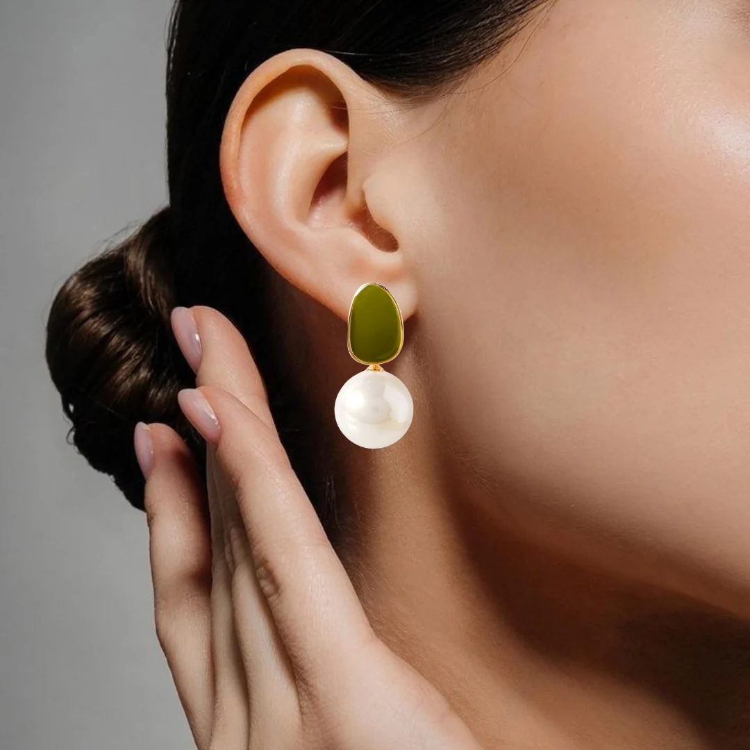 Green And Gold Pearl Earrings - Image 2