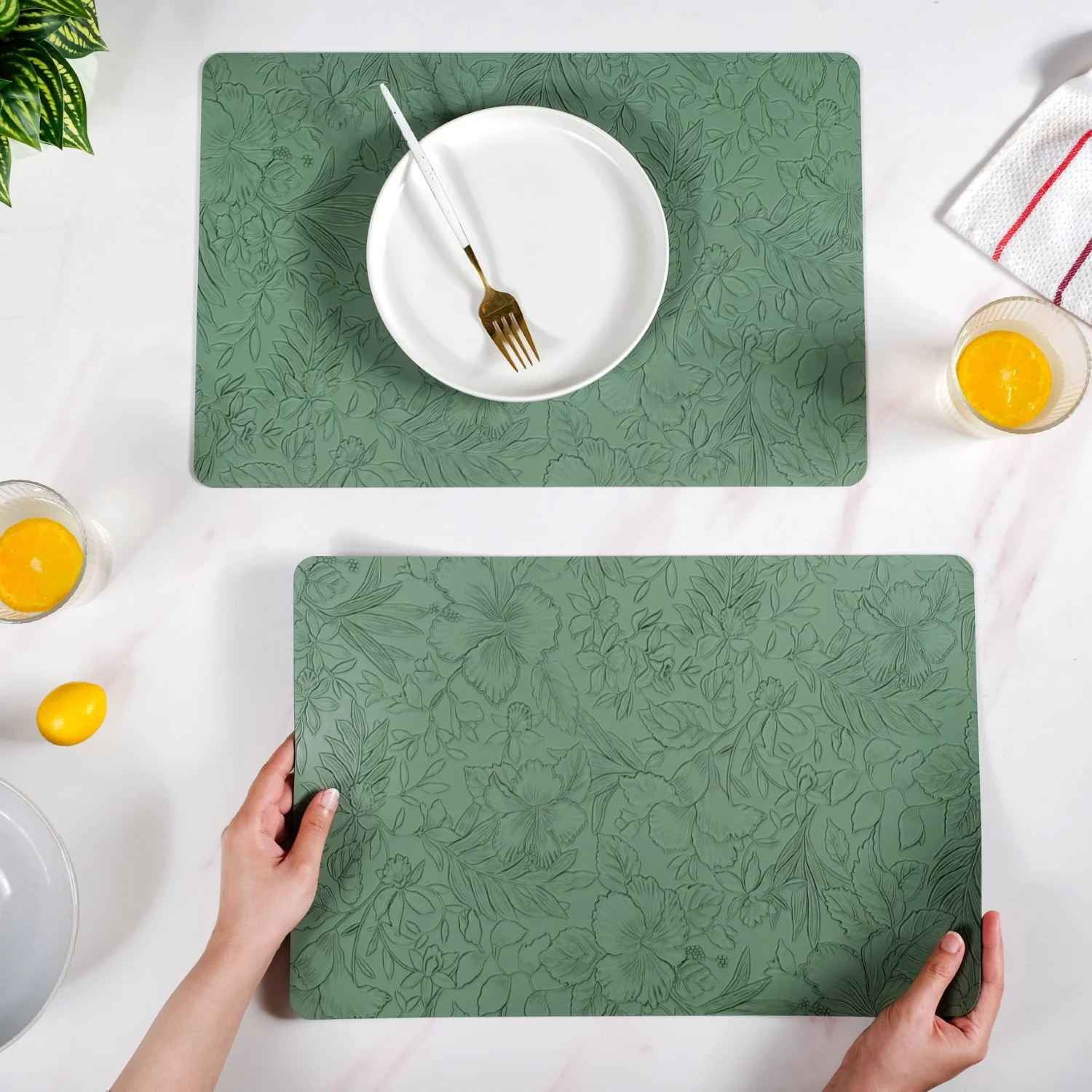 Green Embossed Hibiscus Rectangular Placemats Set Of 6 - Image 2