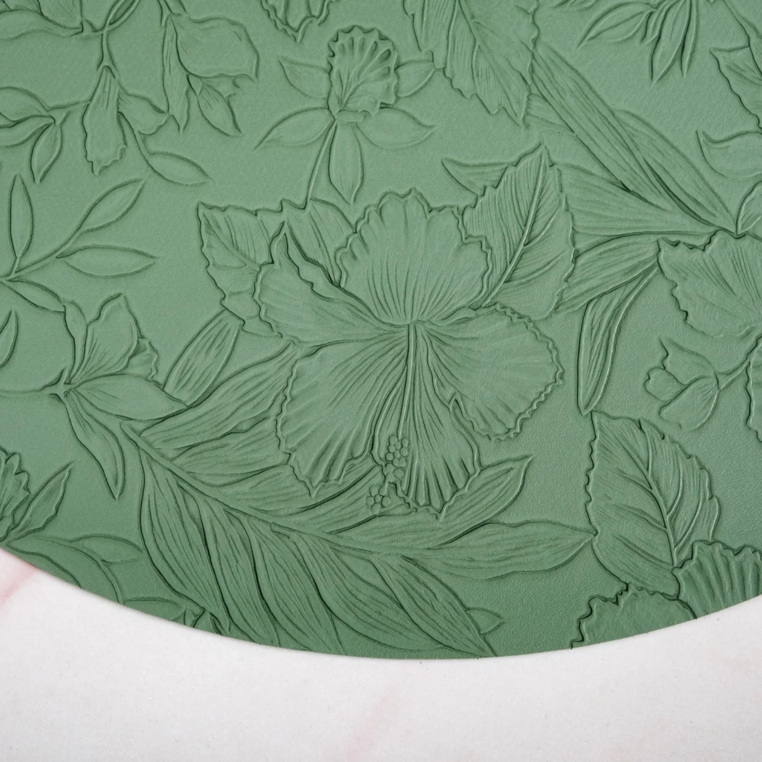 Green Embossed Hibiscus Round Placemats Set Of 6 - Image 3