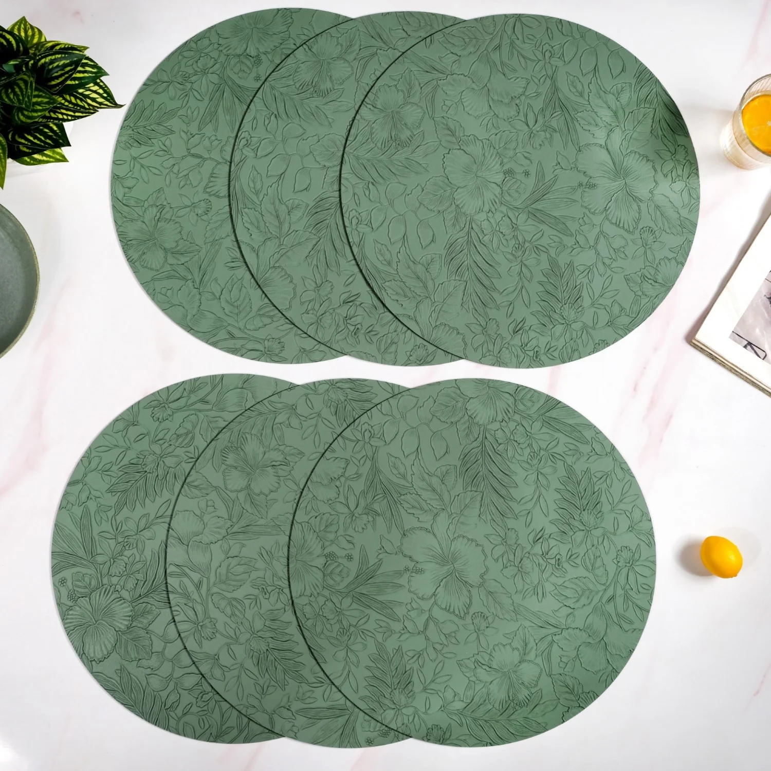 Green Embossed Hibiscus Round Placemats Set Of 6 - Image 6