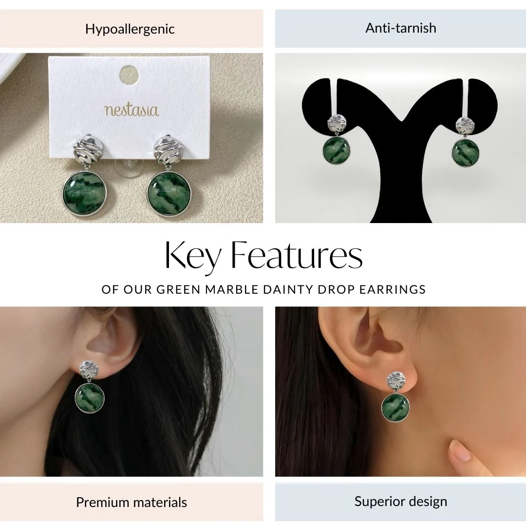 Green Marble Dainty Drop Earrings - Image 4