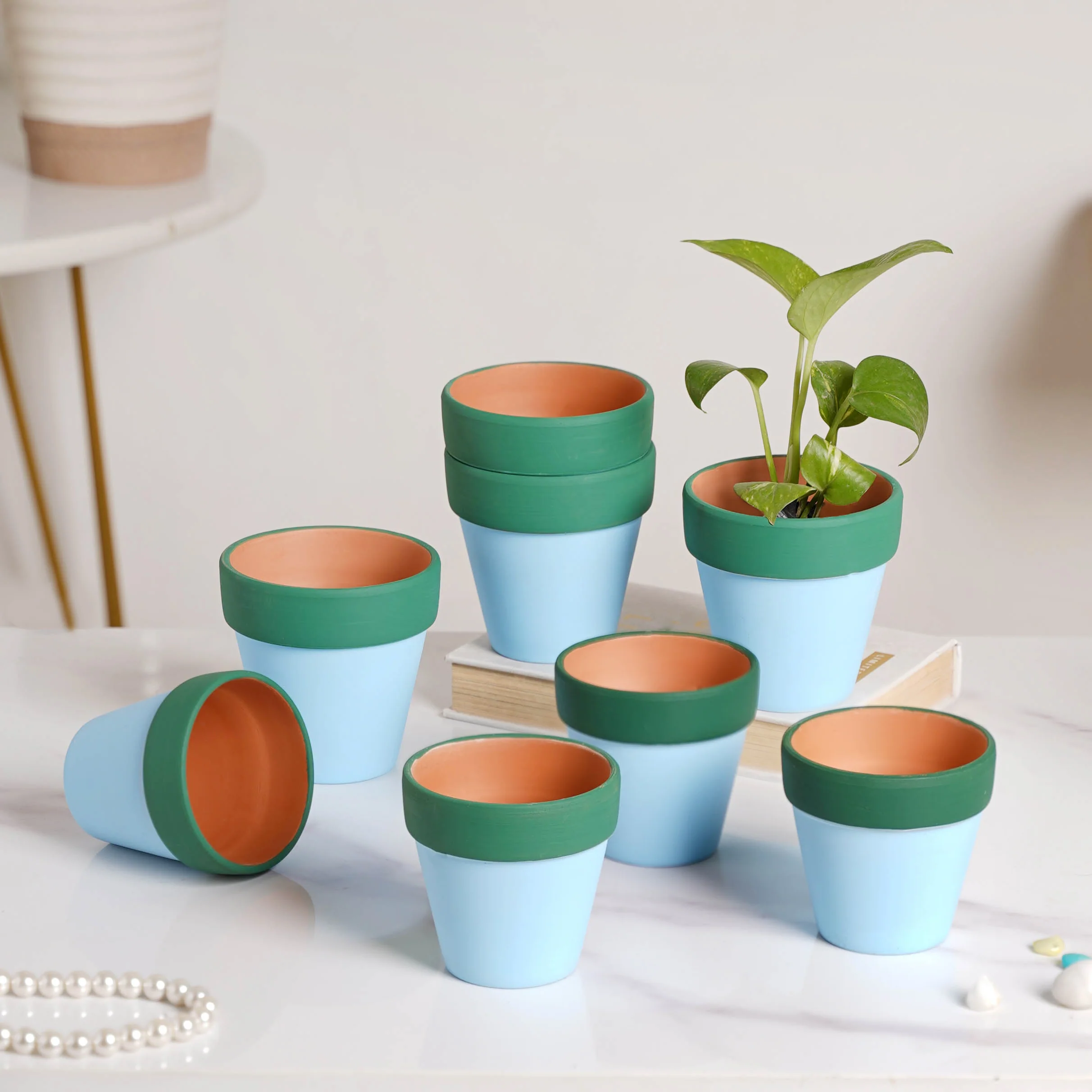 Green Rim Light Blue Clay Pot Set Of 4 - Image 10