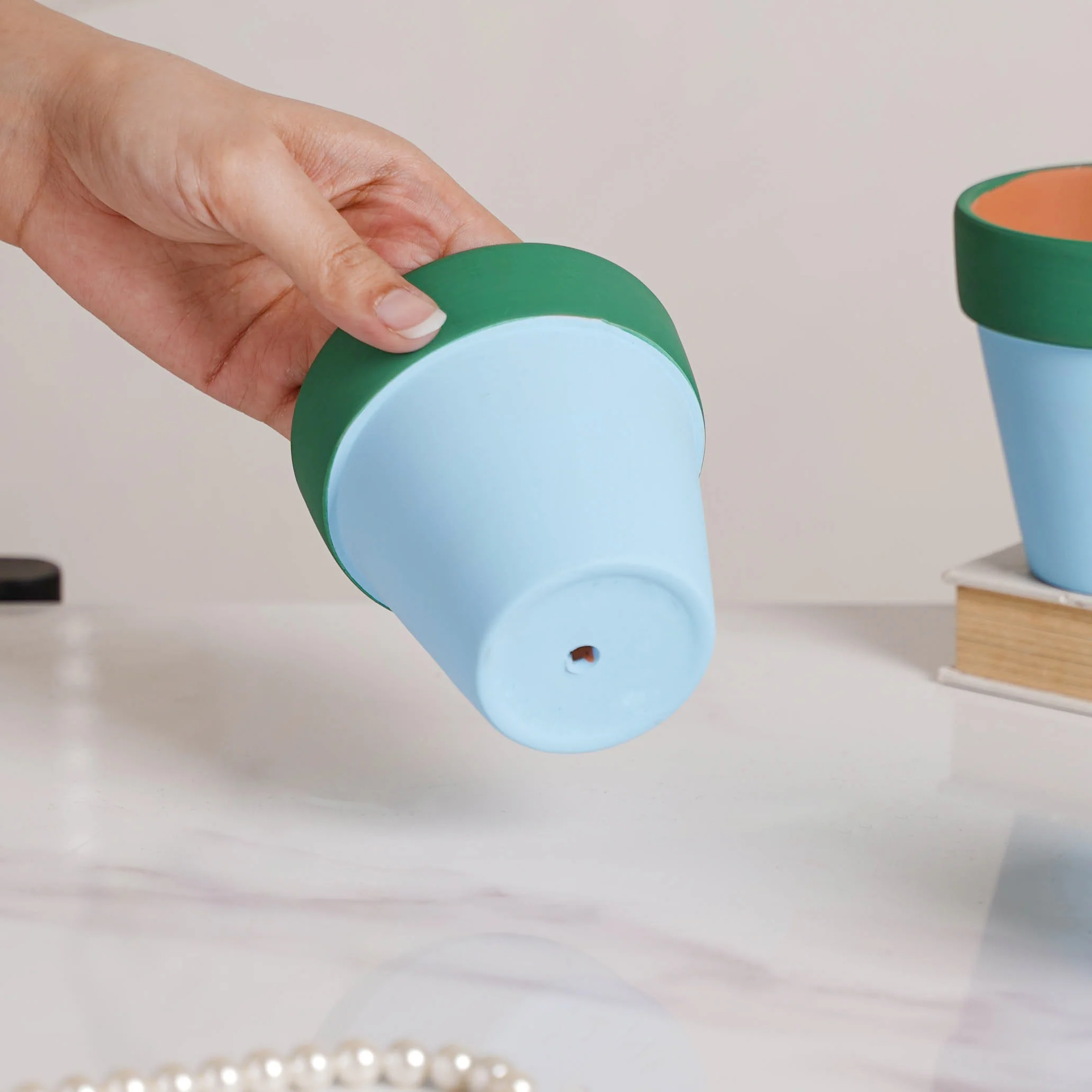 Green Rim Light Blue Clay Pot Set Of 4 - Image 3