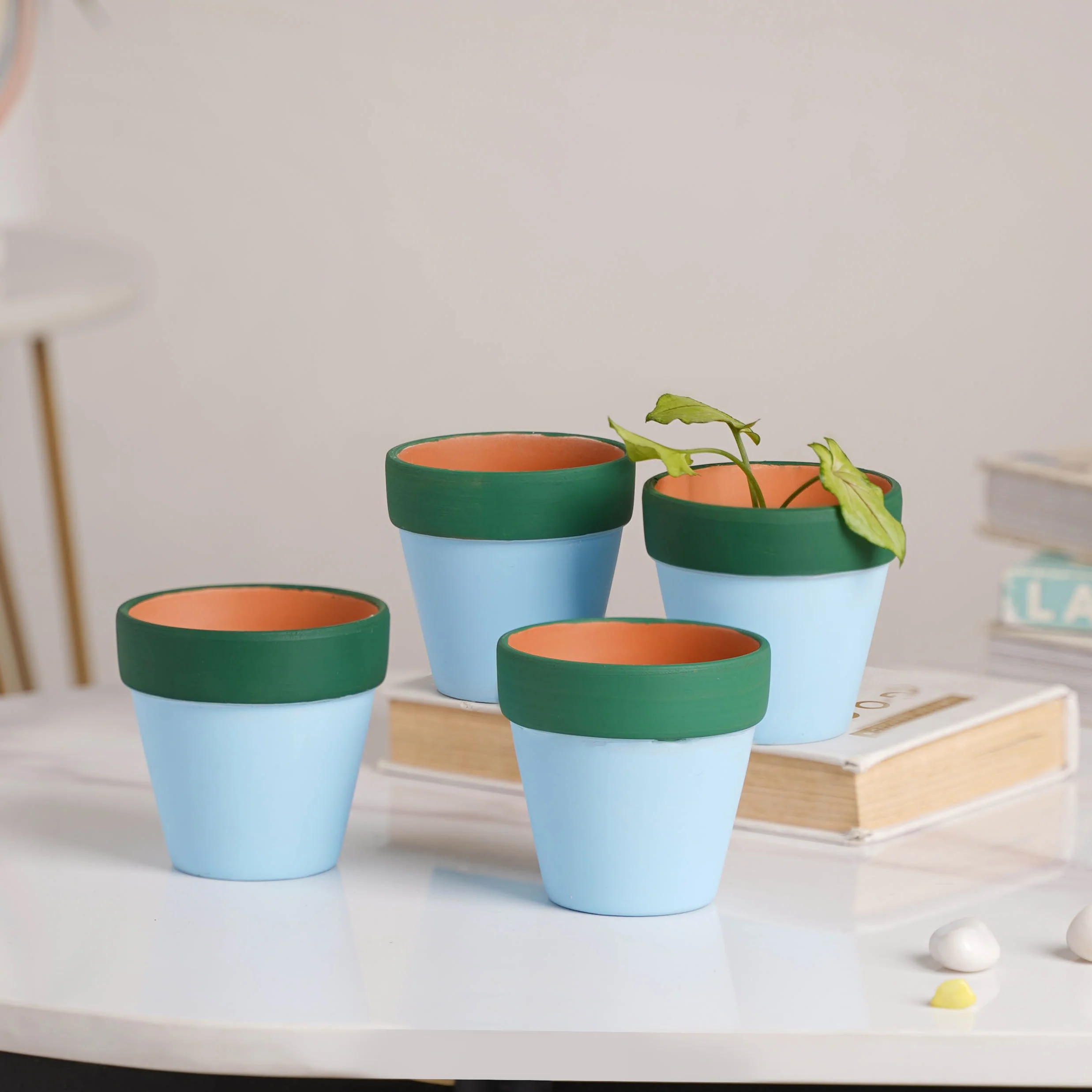Green Rim Sky Blue Mini Pot Set Of 4 - Image 5
