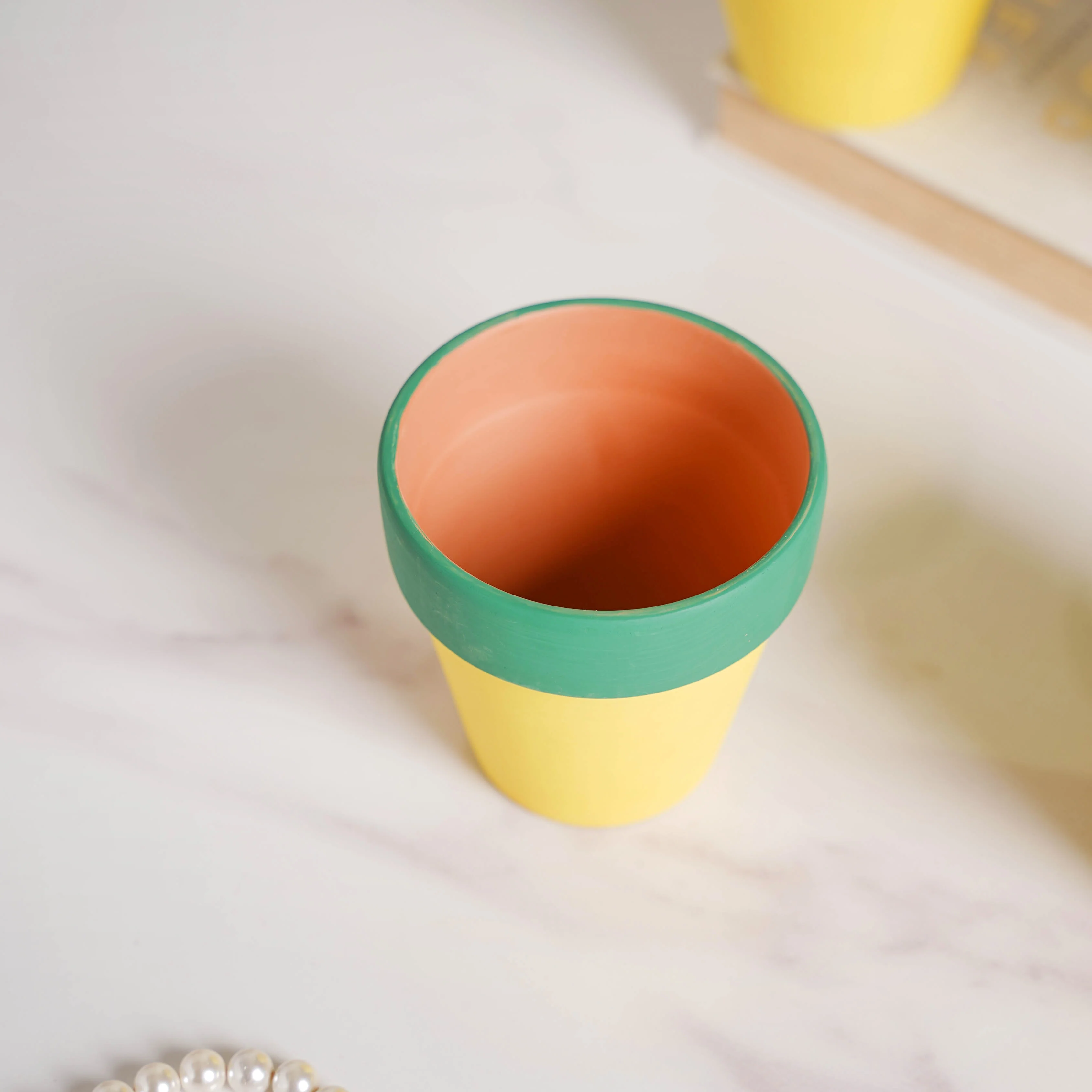 Green Rim Yellow Clay Pot Set Of 4 - Image 9