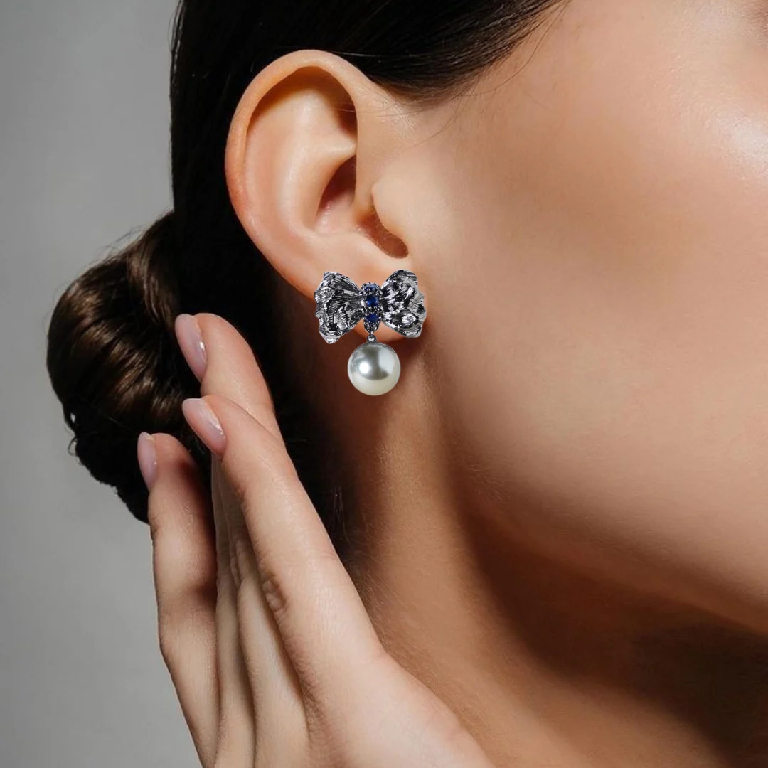 Grey Pearl Ribbon Bow Drop Earrings - Image 2