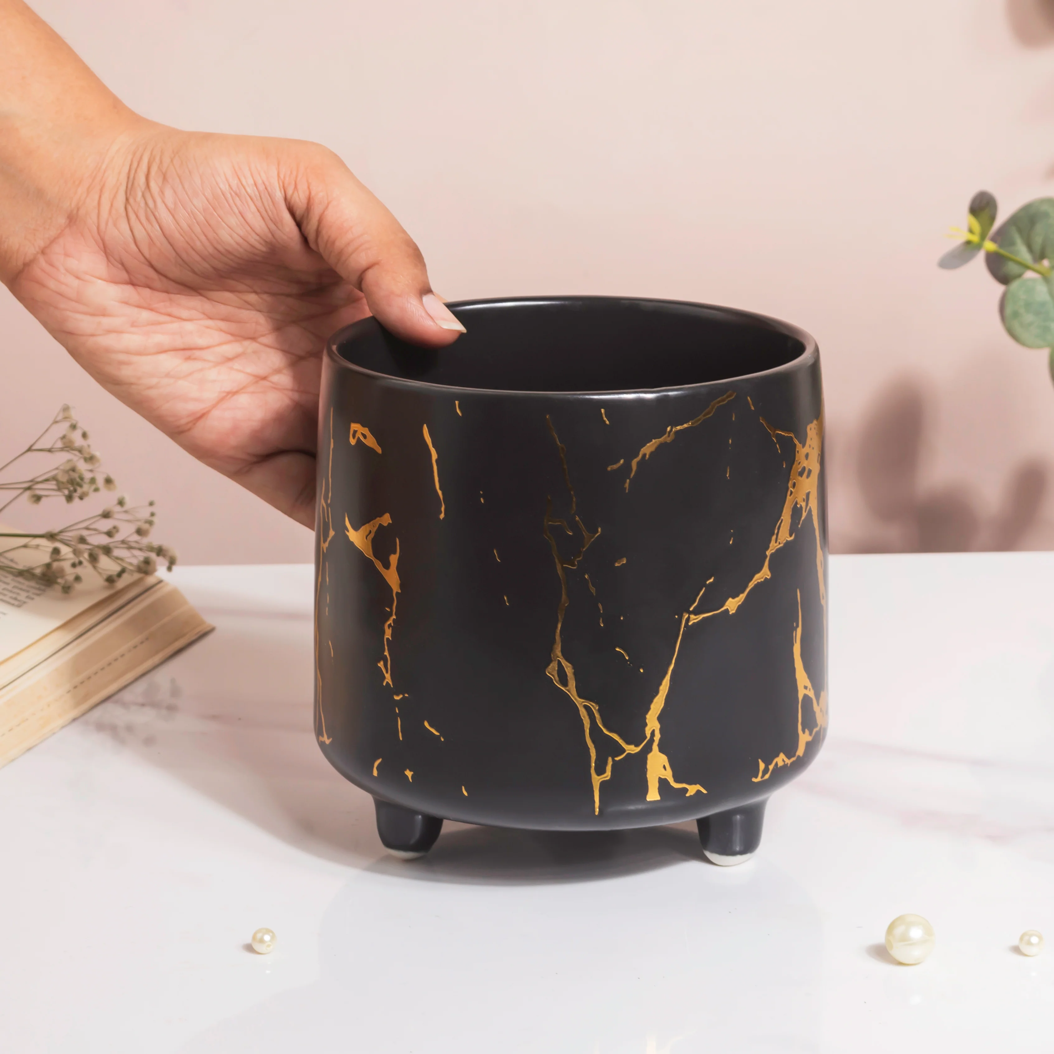 Halcyon Gold Black Marble Ceramic Planter With Legs Large - Image 3