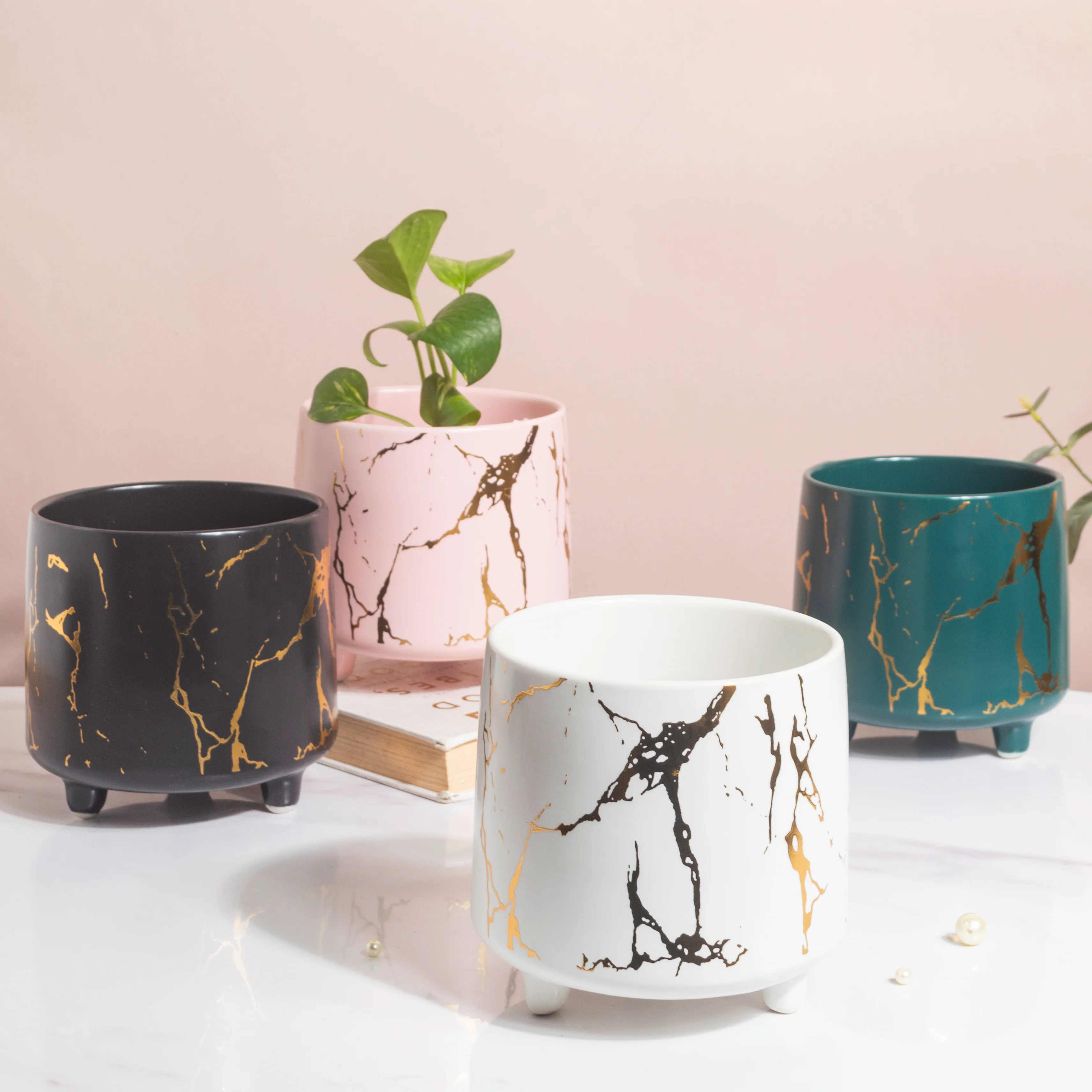 Halcyon Gold Black Marble Ceramic Planter With Legs Large - Image 8