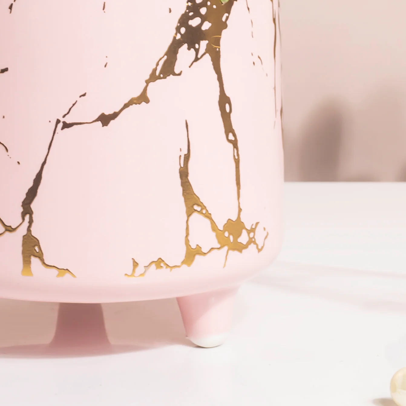 Halcyon Gold Pink Marble Ceramic Planter With Legs Large - Image 6