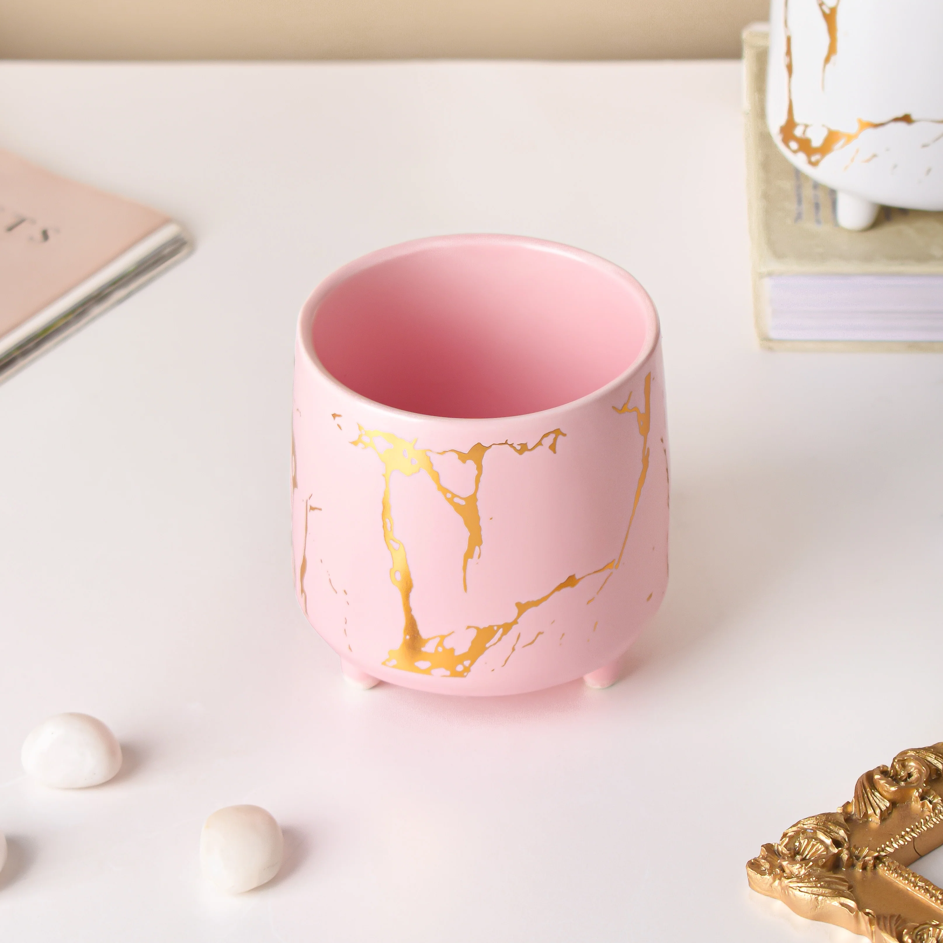 Halcyon Gold Pink Marble Ceramic Planter With Legs Small - Image 5