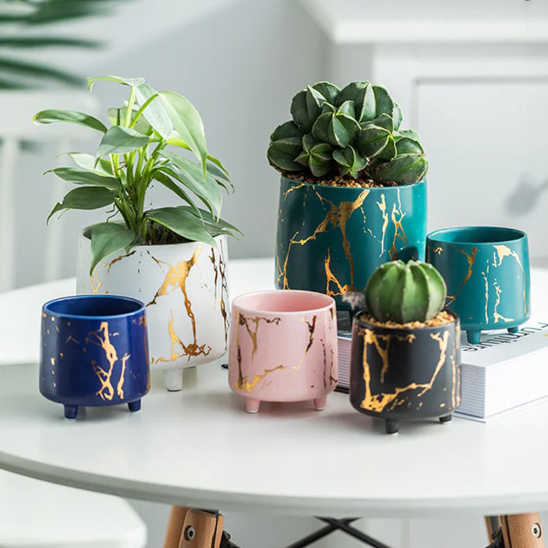 Halcyon Gold Pink Marble Ceramic Planter With Legs Small - Image 8