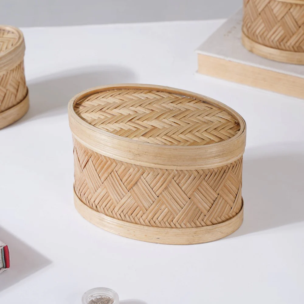 Hand Crafted Oval Bamboo Storage Basket Set of 3 - Image 11