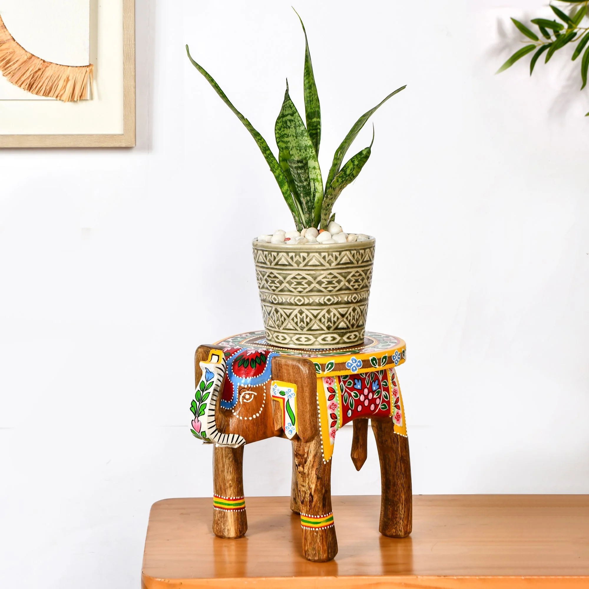 Handpainted Artistry Natural Mango Wood Elephant Riser - Image 3