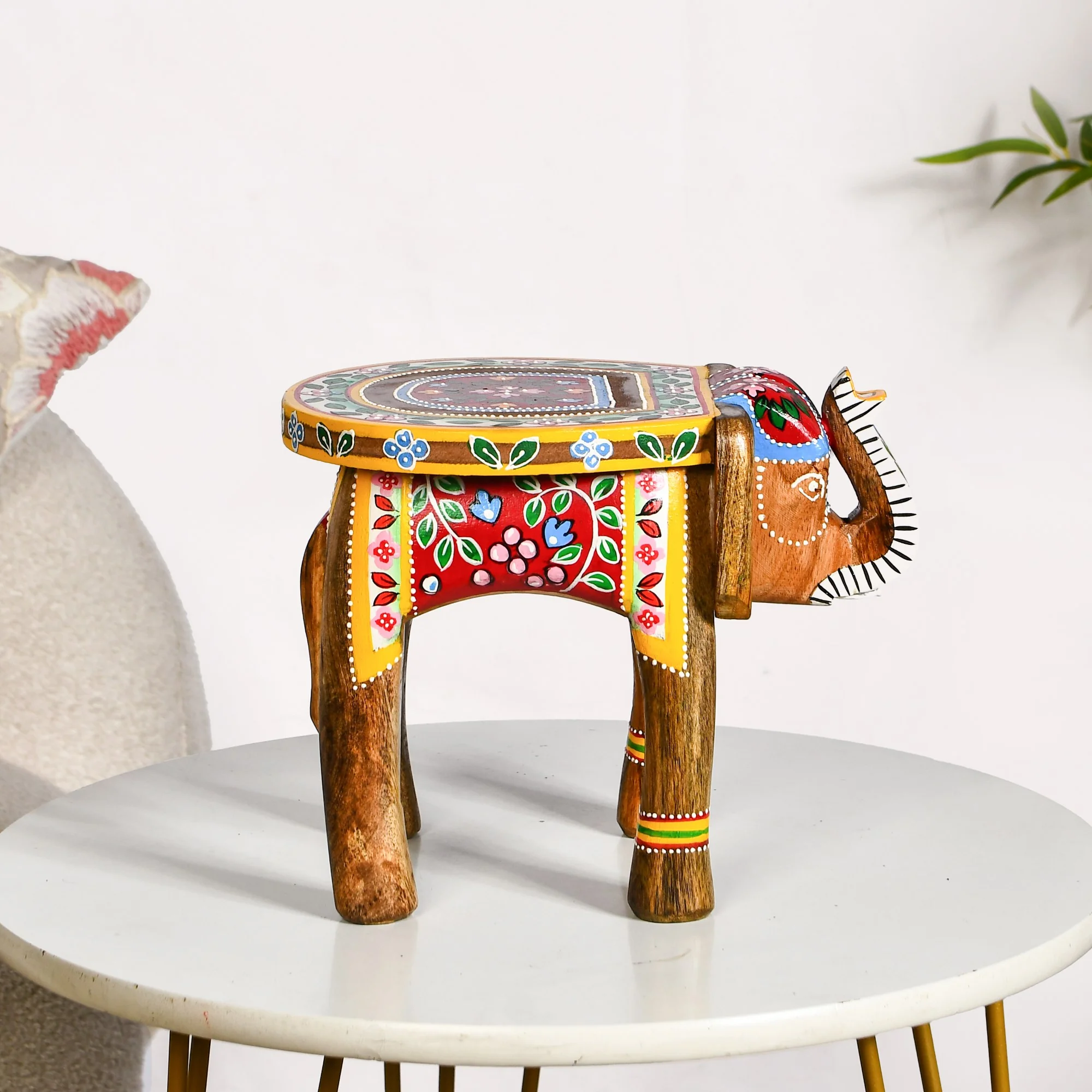 Handpainted Artistry Natural Mango Wood Elephant Riser - Image 8