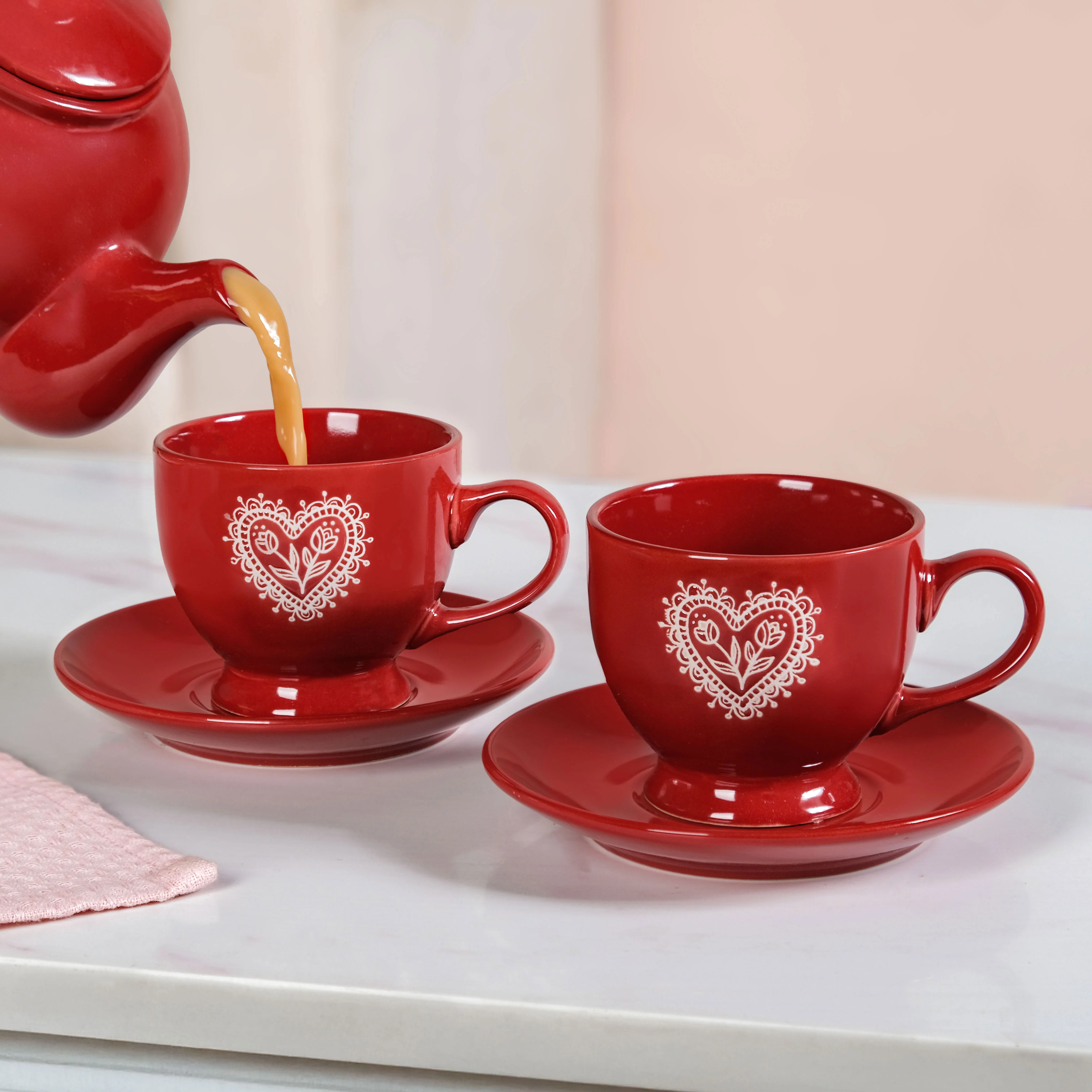 Hearty Ceramic Tea Cup And Saucer Set Of 2 Red 200ml