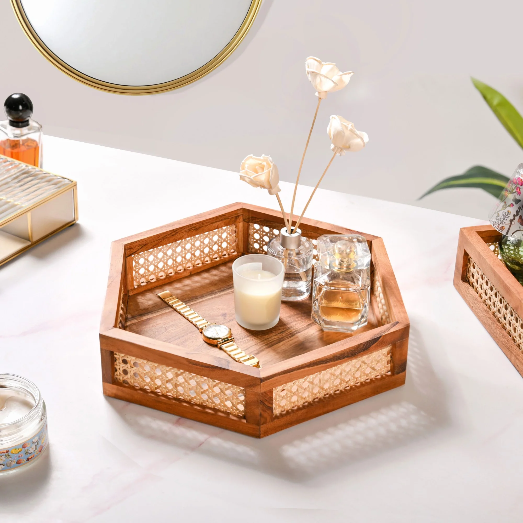 Hexagon Acacia Wood Rattan Cane Tray - Image 2