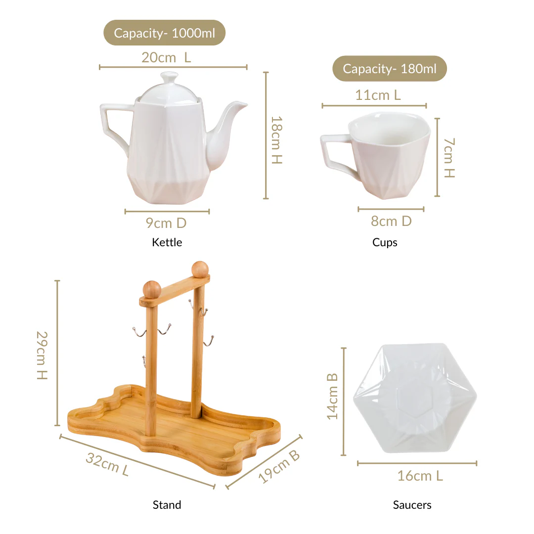 Hexagonal Minimalist White Tea Set With Wooden Stand - Image 4