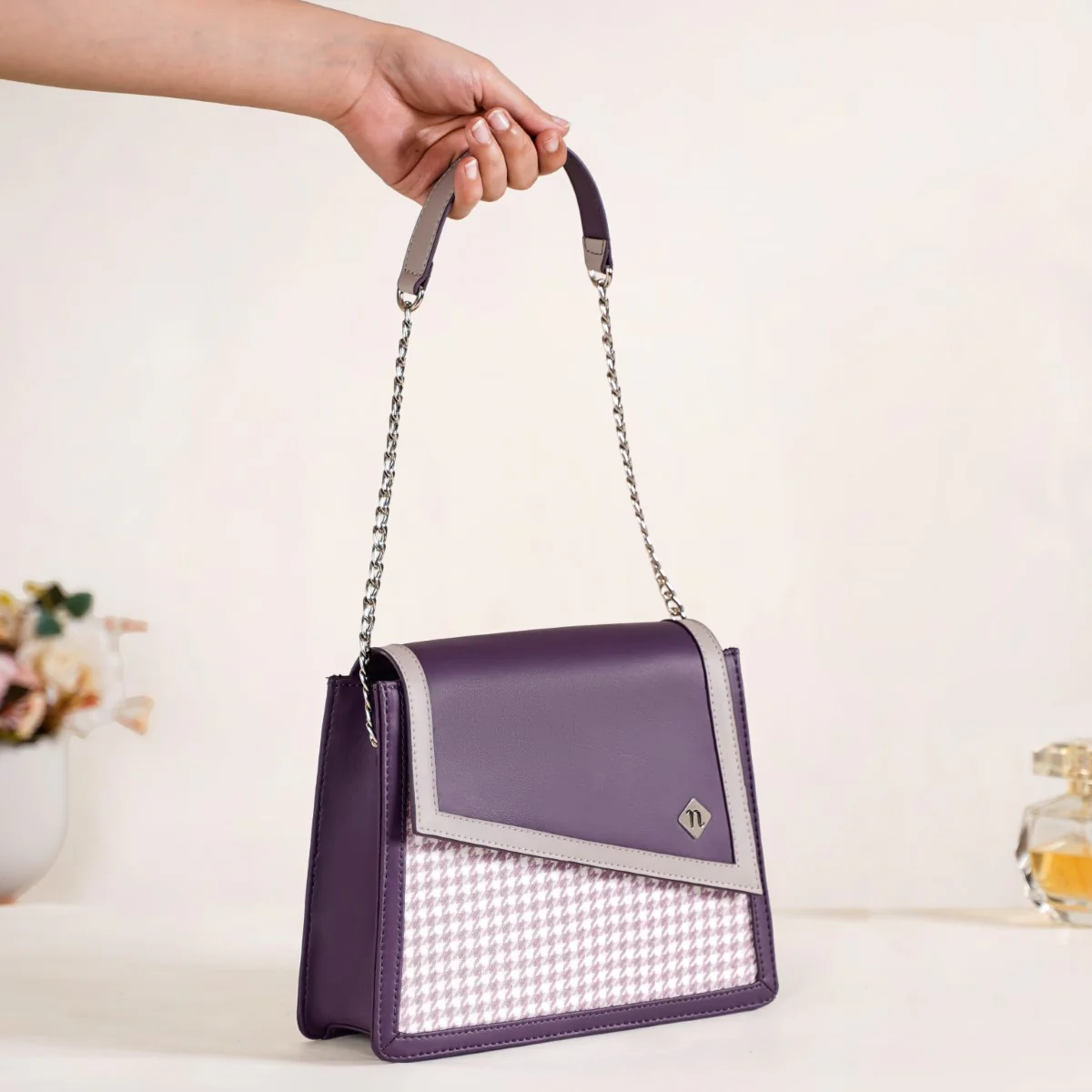 Houndstooth Diagonal Flap Handbag Purple - Image 12