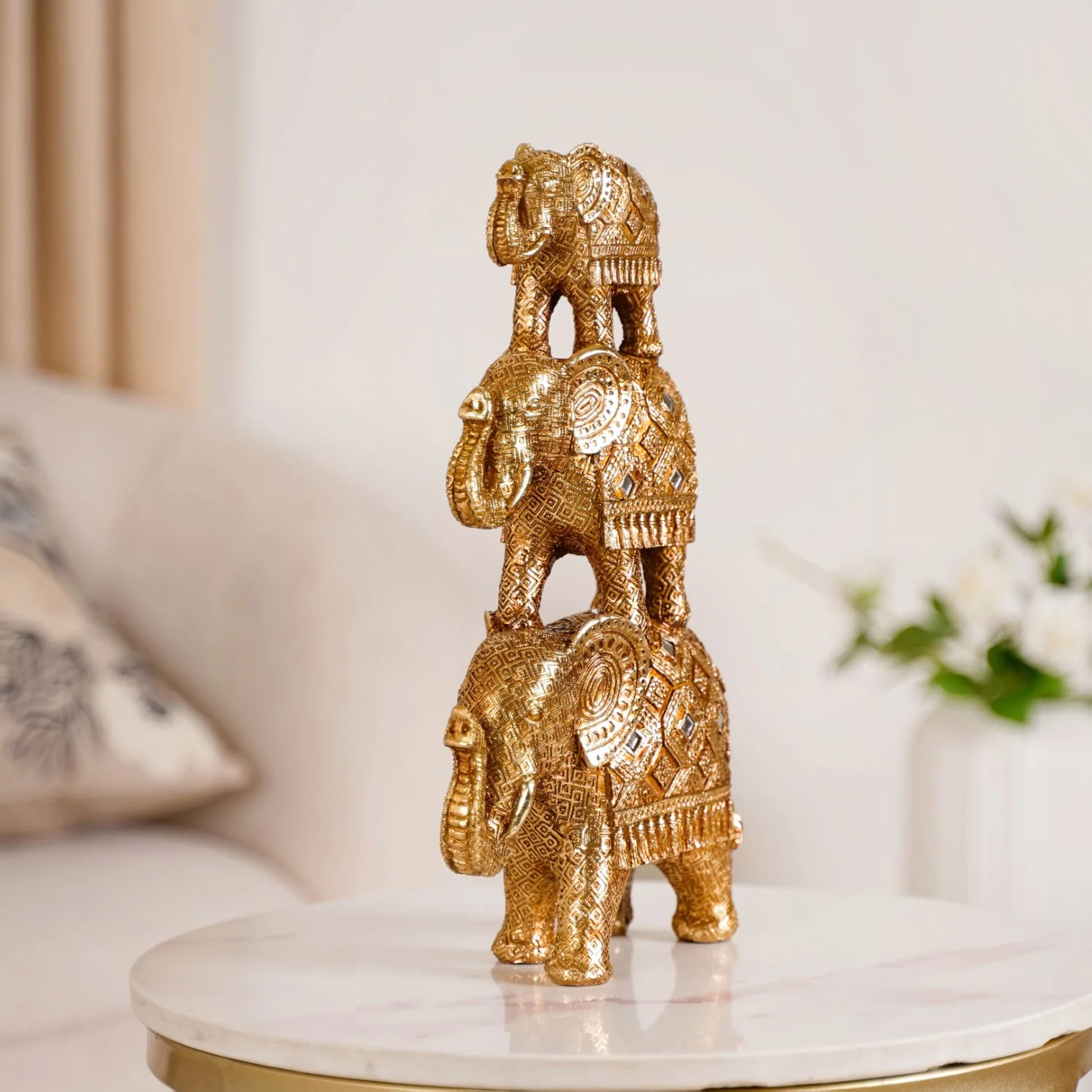 Indian Decorated Elephant Family With Mirrorwork Gold - Image 3