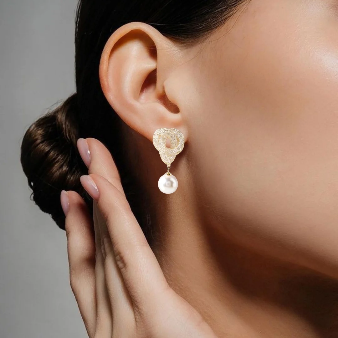 Iridescent Twist And Pearl Drop Earrings Gold - Image 2