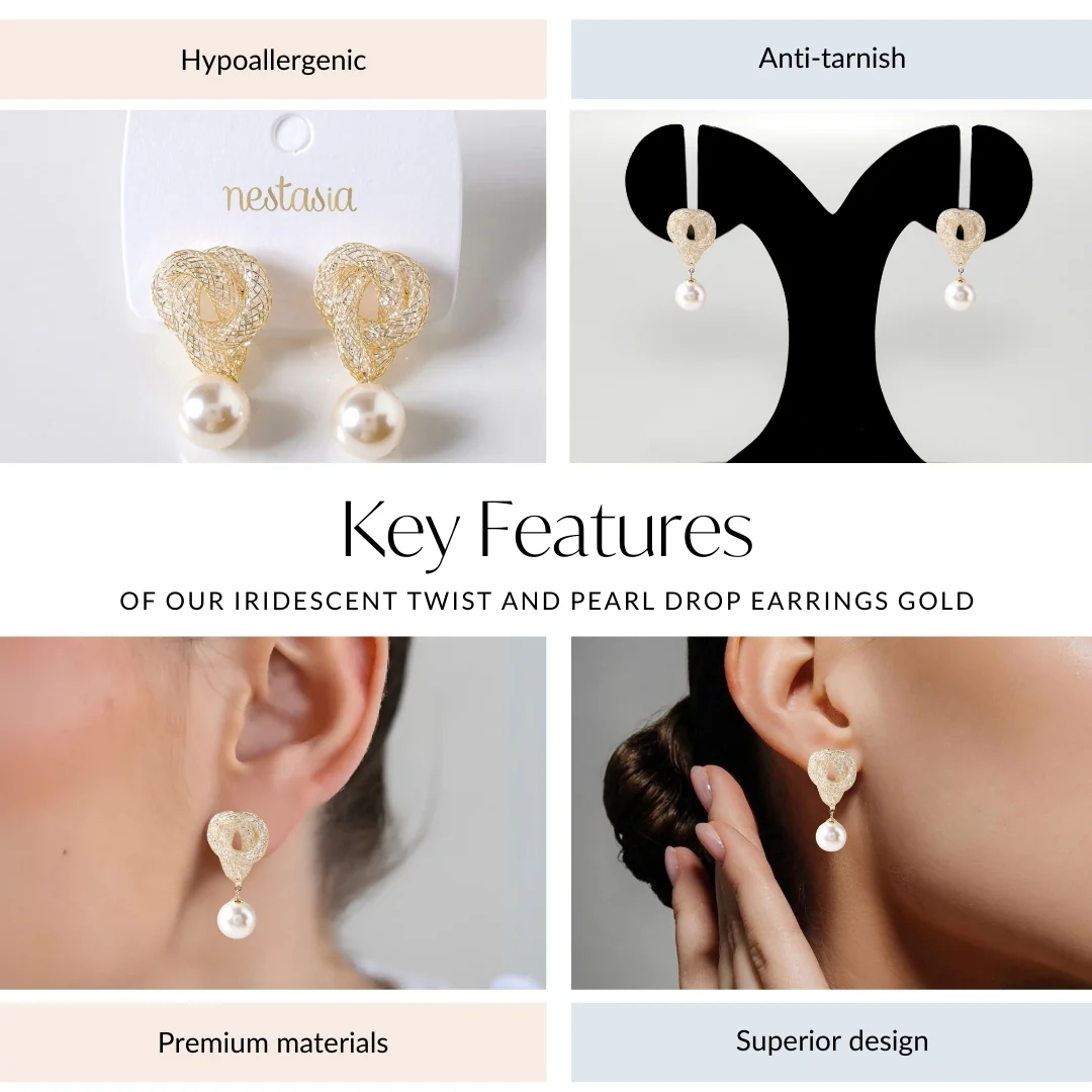 Iridescent Twist And Pearl Drop Earrings Gold - Image 4